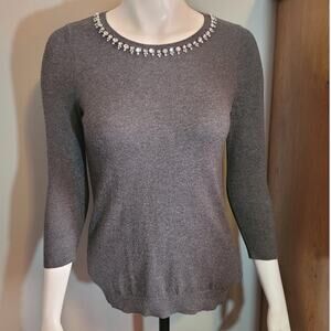 ANN TAYLOR Gray Rhinestone Neck Knit Sweater Office Siren Quiet Glam 3 4 Sleeve